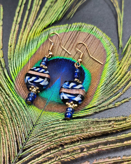 Blue, White & Gold Hand-Painted Striped Glass Bead Dangle Earrings