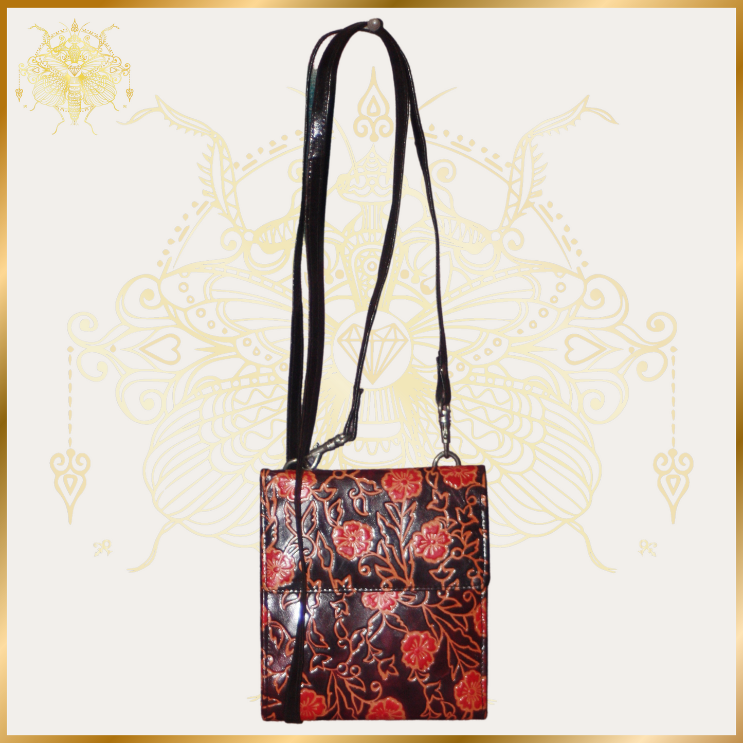 Small Indian Embossed Leather Rose Print Handbag