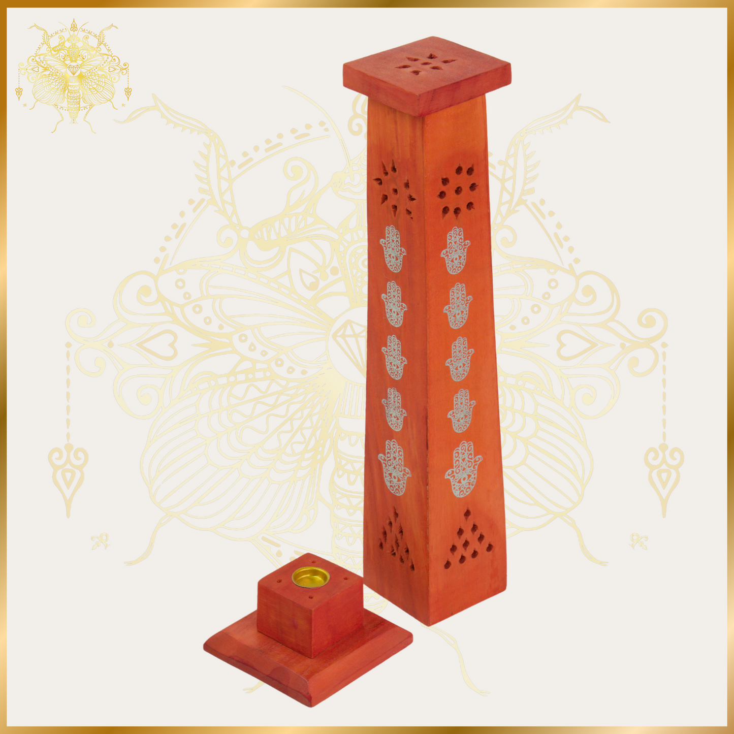 Orange Wooden Hamsa Hand Tower Incense Burner